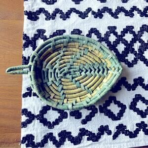 Handwoven Leaf-Shaped Basket in Green and Yellow Home decor decoration boho